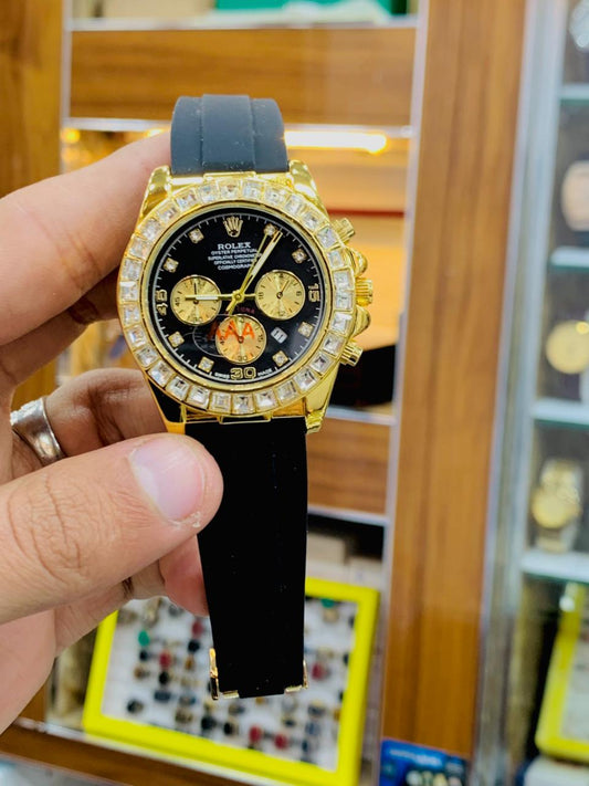 Gold Luxury Chronograph Style Watch with Crystal Bezel