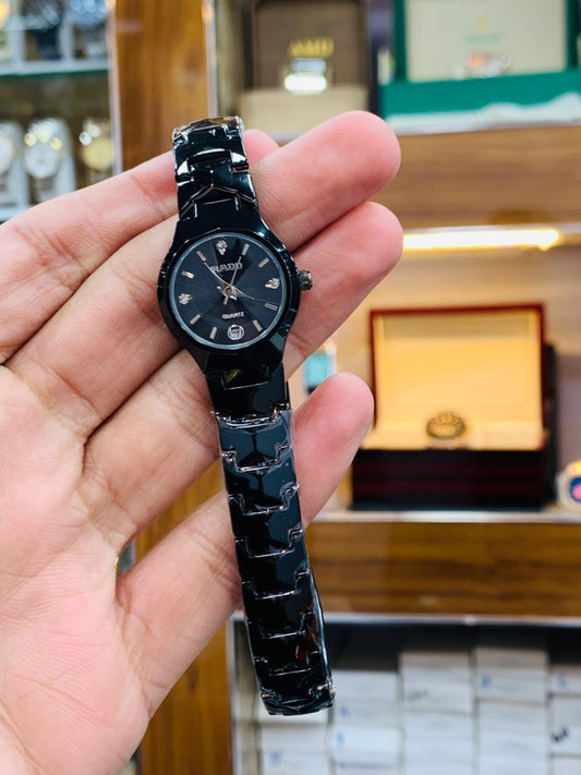 Ladies Elegant Black Ceramic Style Watch – Diamond Cut Glass