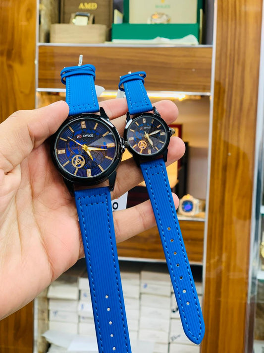 Orix Royal Blue Skeleton Couple Watch Set – Silicone Strap