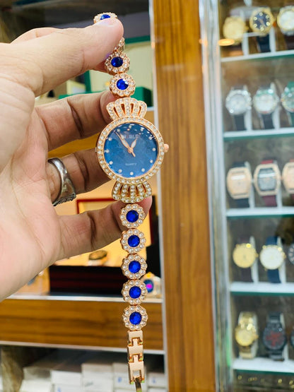 Royal Gold Bracelet Watch with Red Crystal Accents