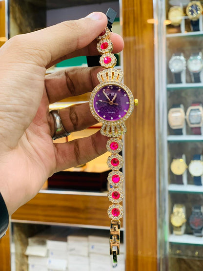 Royal Gold Bracelet Watch with Red Crystal Accents
