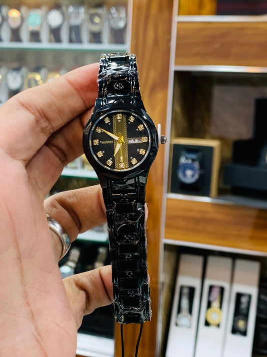Midnight Black Glossy Link Watch with Gold Accents