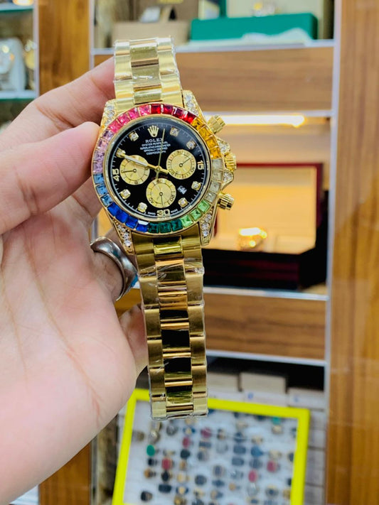 Rose Gold Luxury Watch with Multi-Color Rainbow Bezel