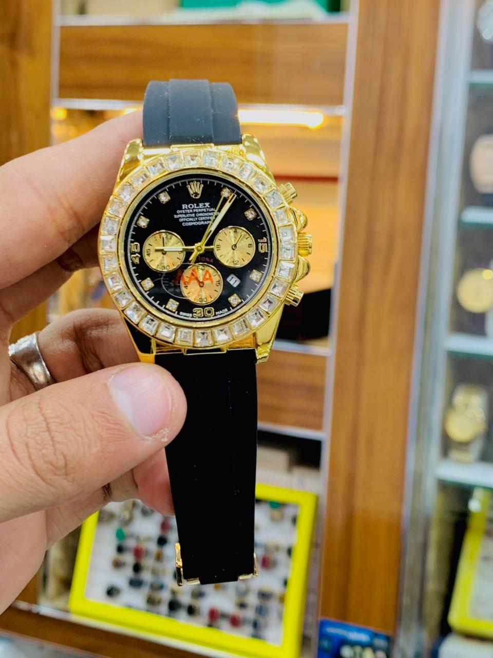 Gold Luxury Chronograph Style Watch with Crystal Bezel