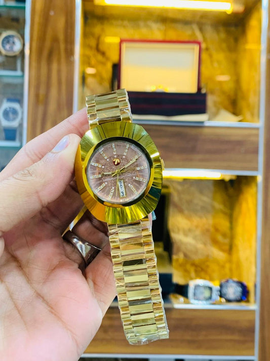 Gold Premium Classic Watch – Textured Dial & Red Accents