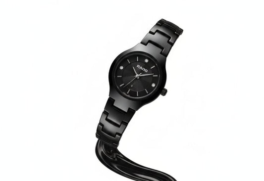 Ladies Elegant Black Ceramic Style Watch – Diamond Cut Glass