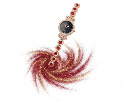 Royal Gold Bracelet Watch with Red Crystal Accents