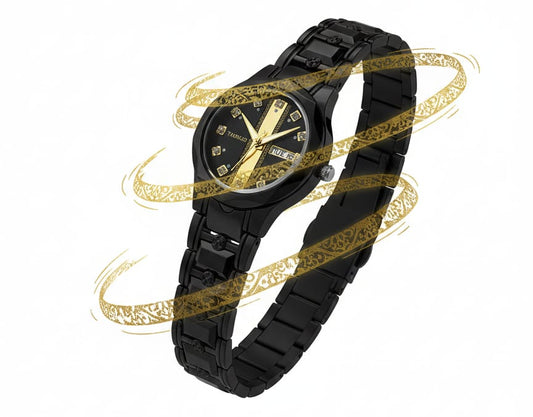 Midnight Black Glossy Link Watch with Gold Accents