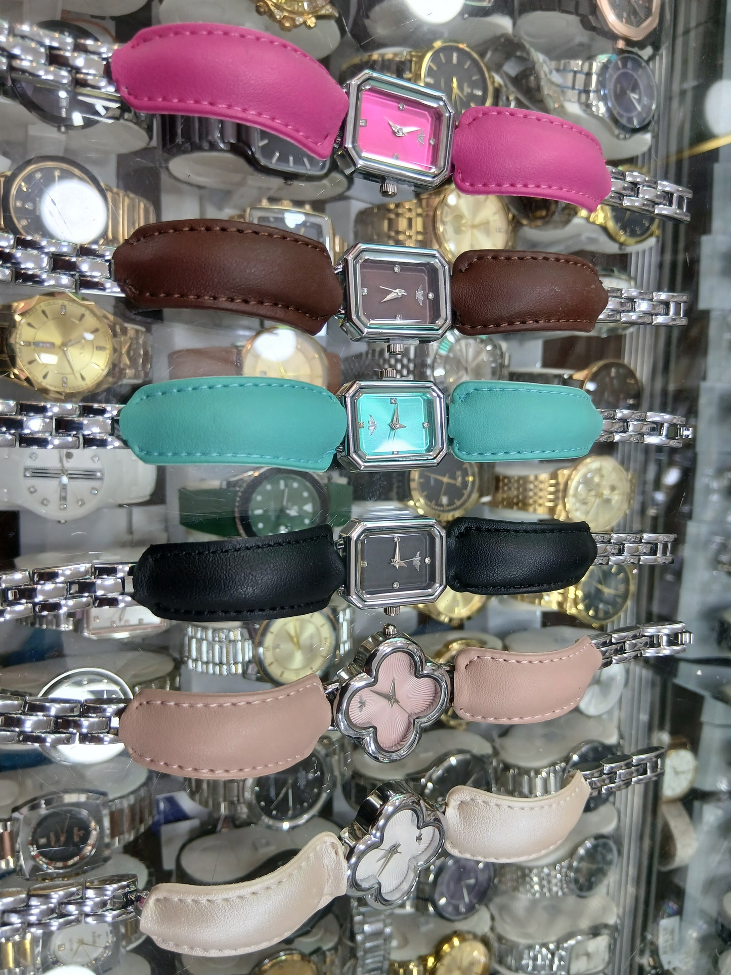 Ladies' Trendy Leather & Chain Bracelet Watch – Geometric & Clover Collection